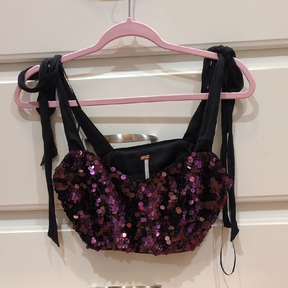 Free People NWT Purple Bright Star Cropped Sequin Top Tie Straps Size 0